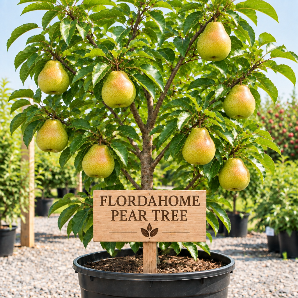 Flordahome Pear Tree in a nursery pot with plump greenish-yellow pears and a faint blush, with a wooden Flordahome Pear Tree sign