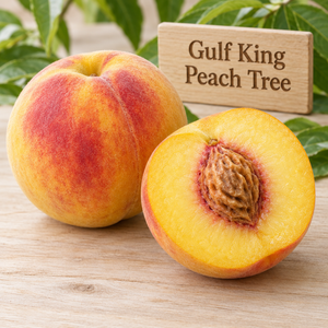 Illustration of a whole and cut Gulf King peach showing yellow flesh and red-blushed skin