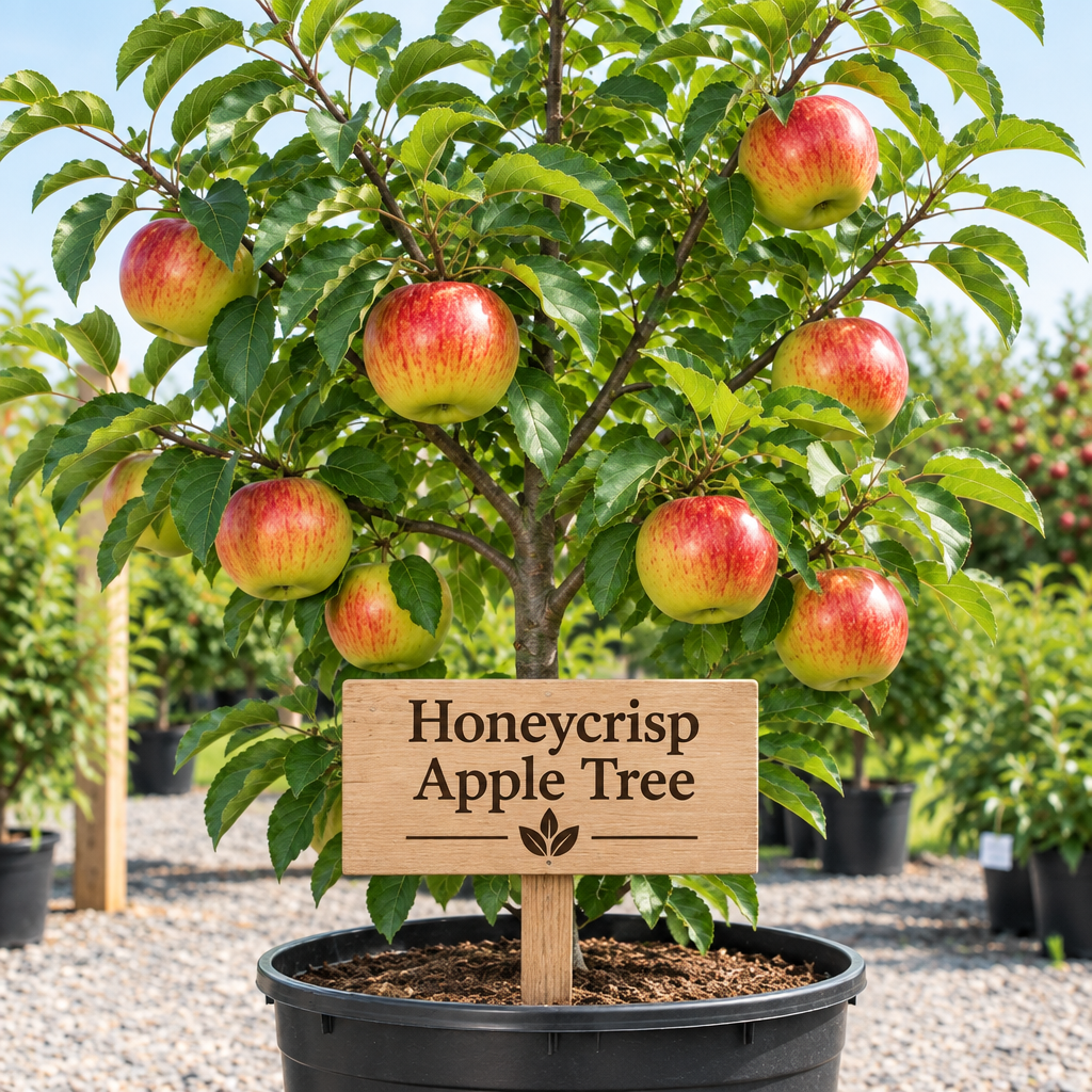 Illustration of red and yellow Honeycrisp apples on a potted tree with a wooden Honeycrisp Apple Tree sign