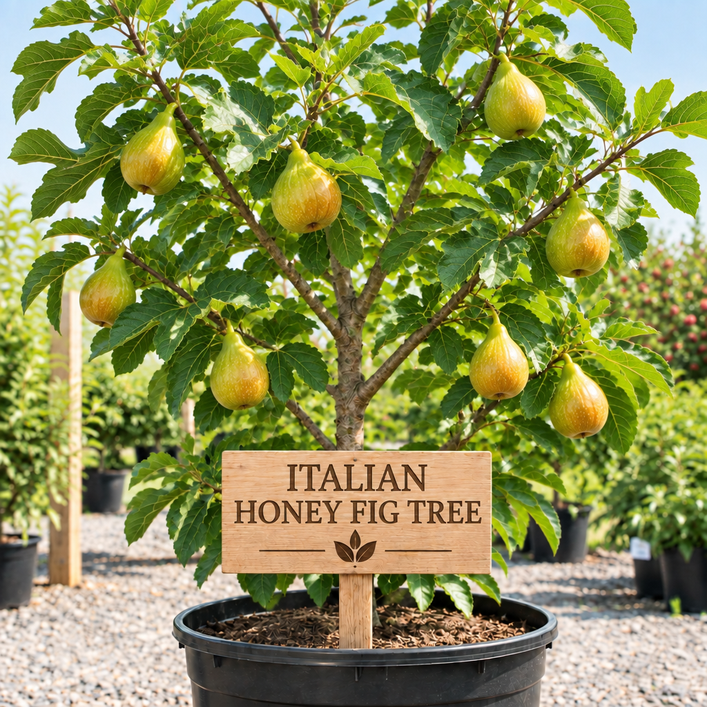 Italian Honey Fig Tree in a nursery pot with a wooden Italian Honey Fig Tree sign