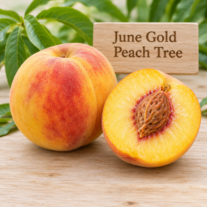 Illustration of whole and cut June Gold peach showing yellow flesh and golden red-blushed skin
