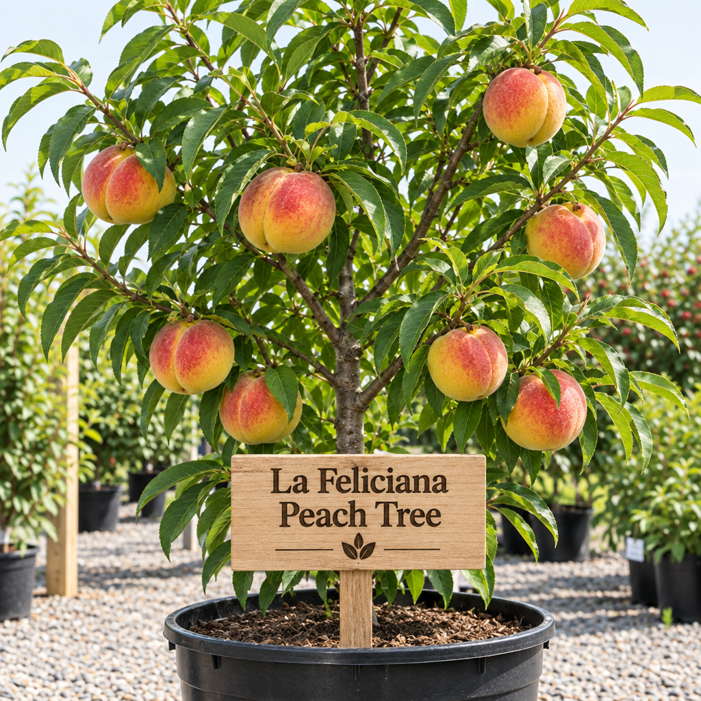 Illustration of La Feliciana peach tree with red-blushed yellow peaches, nursery pot and wooden variety sign