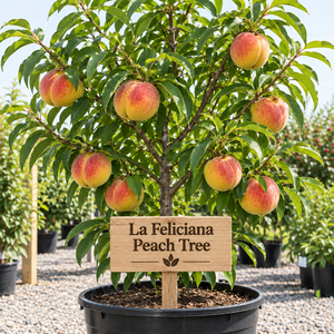 Illustration of La Feliciana peach tree with red-blushed yellow peaches, nursery pot and wooden variety sign