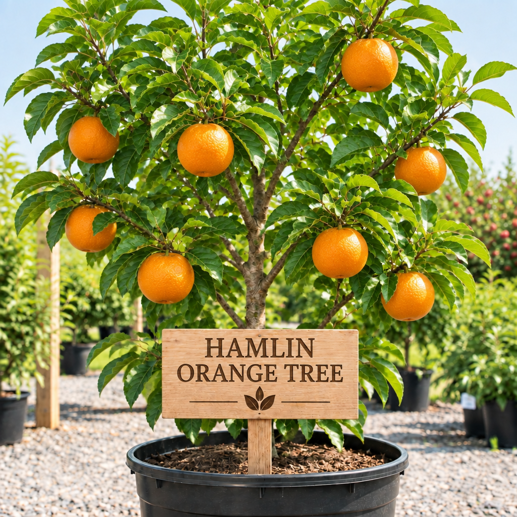 Hamlin Orange Tree in a nursery pot with a wooden Hamlin Orange Tree sign