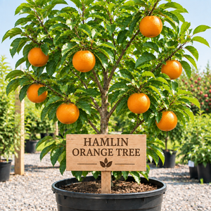 Hamlin Orange Tree in a nursery pot with a wooden Hamlin Orange Tree sign