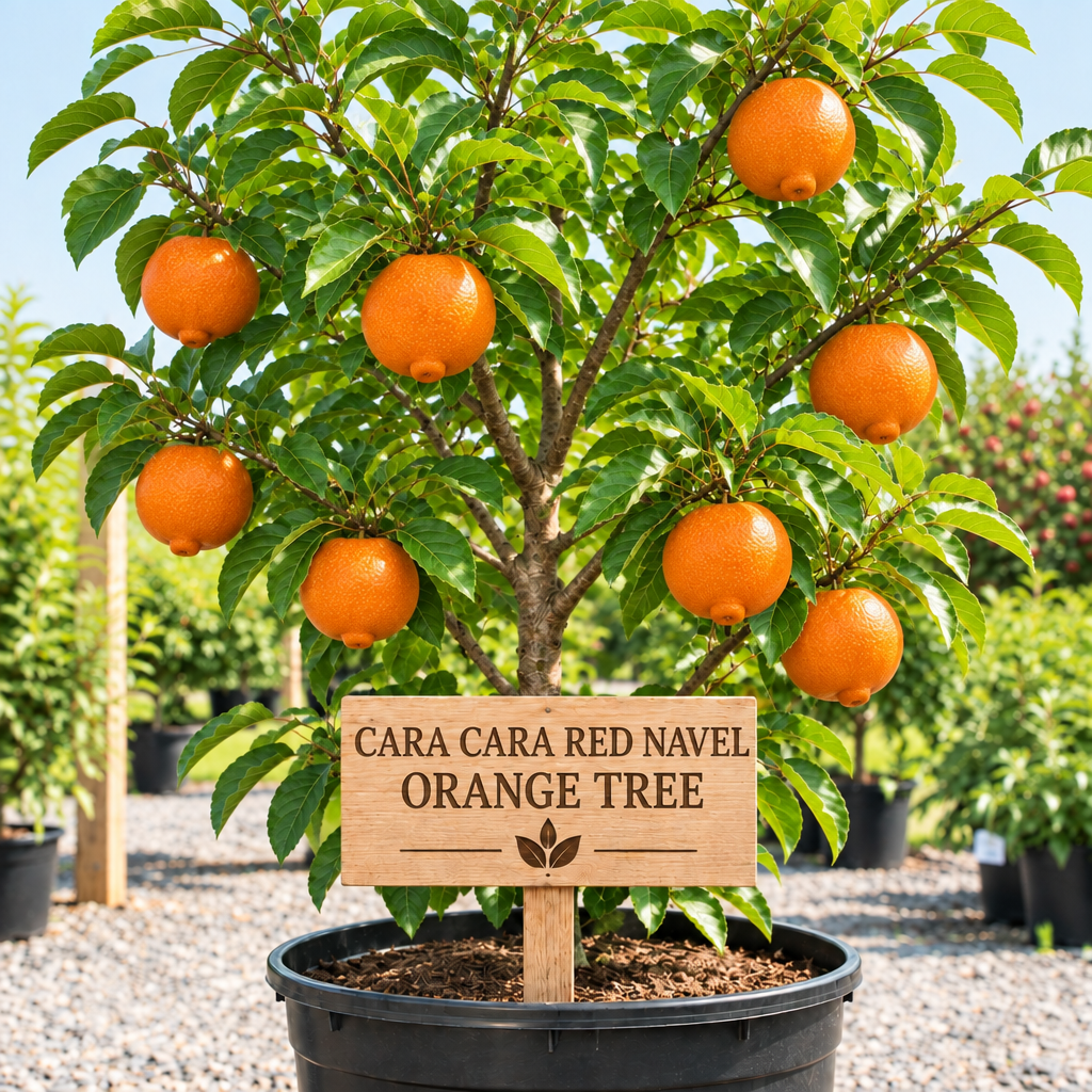 Cara Cara Red Navel Orange Tree in a nursery pot with a wooden Cara Cara Red Navel Orange Tree sign