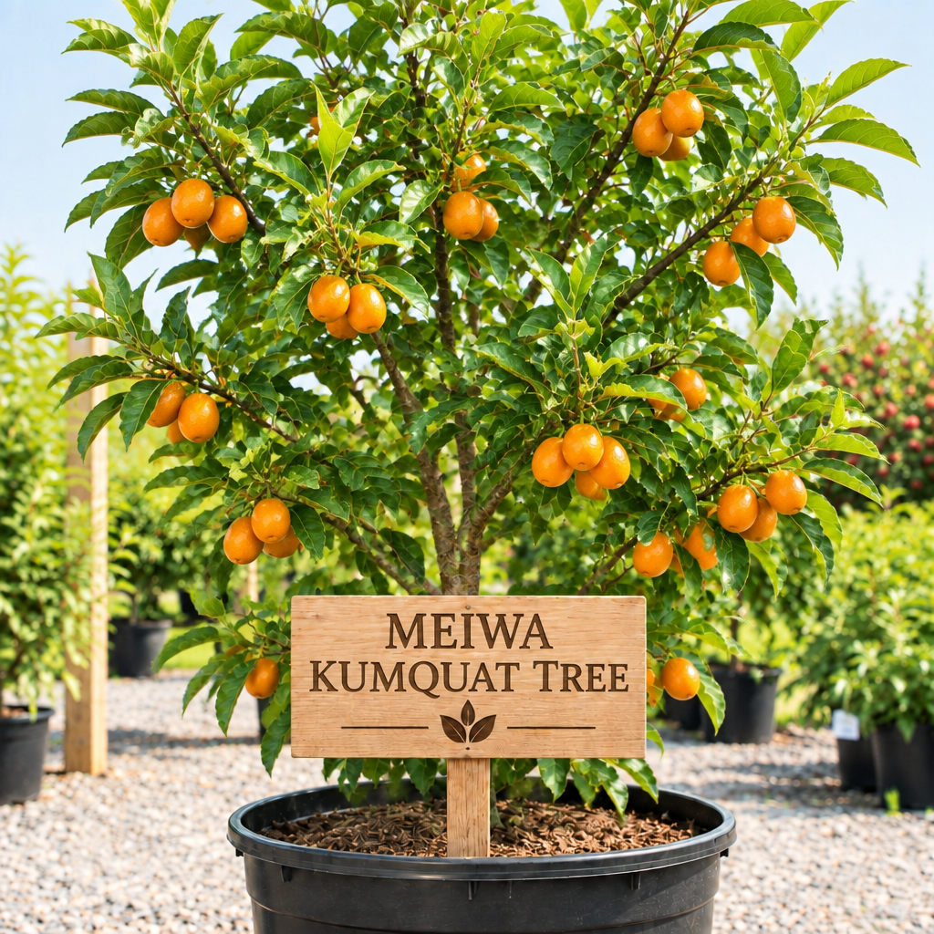 Meiwa Kumquat Tree in a nursery pot with a wooden Meiwa Kumquat Tree sign