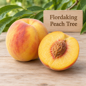 Illustration of whole and cut Flordaking peach showing yellow flesh and red-blushed skin