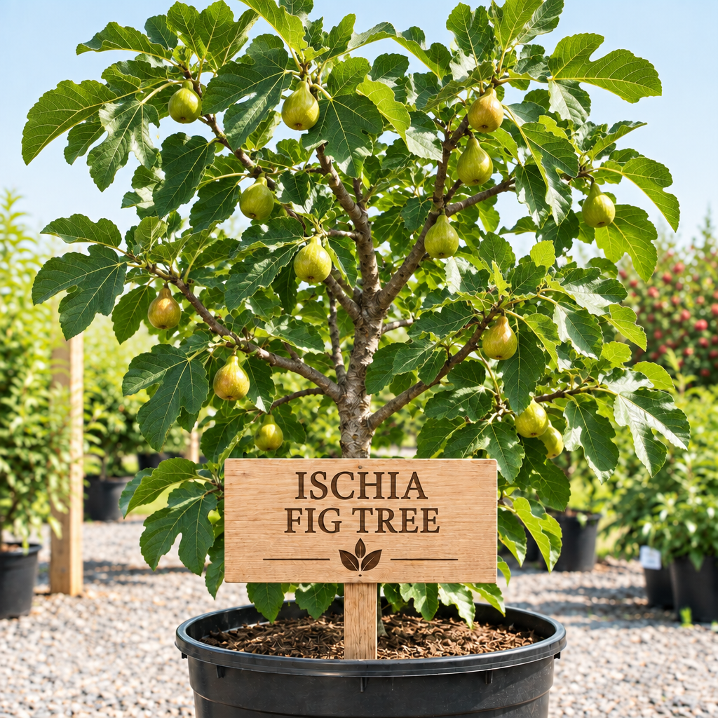 Ischia Fig Tree in a nursery pot with a wooden Ischia Fig Tree sign