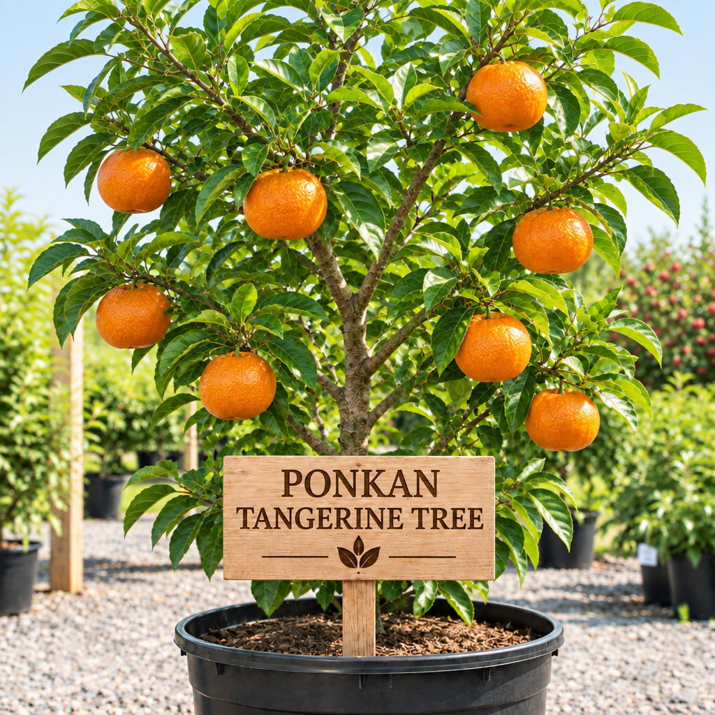 Ponkan Tangerine Tree in a nursery pot with a wooden Ponkan Tangerine Tree sign