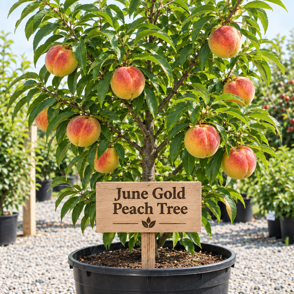 Illustration of June Gold peach tree with bright red-blushed golden-yellow peaches, nursery pot and wooden variety sign