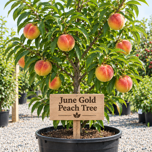 Illustration of June Gold peach tree with bright red-blushed golden-yellow peaches, nursery pot and wooden variety sign
