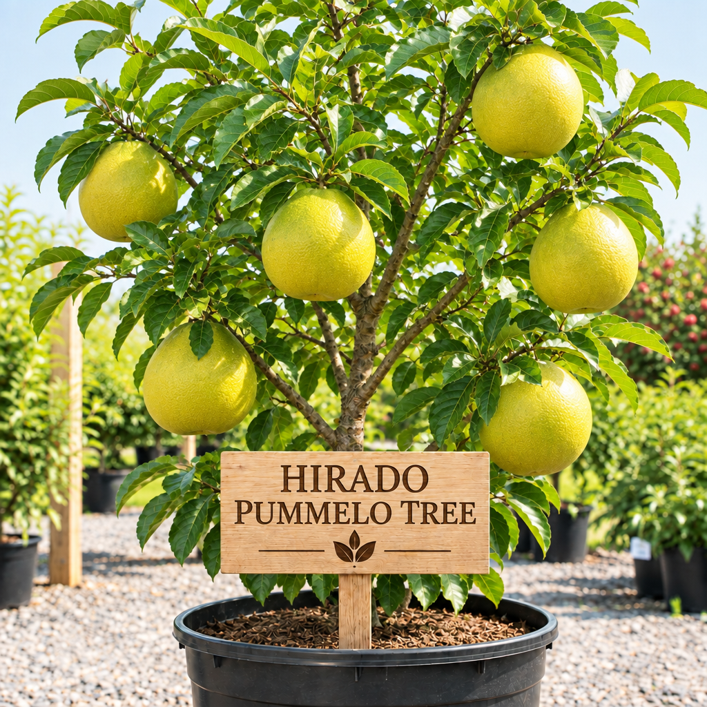 Hirado Pummelo Tree in a nursery pot with a wooden Hirado Pummelo Tree sign