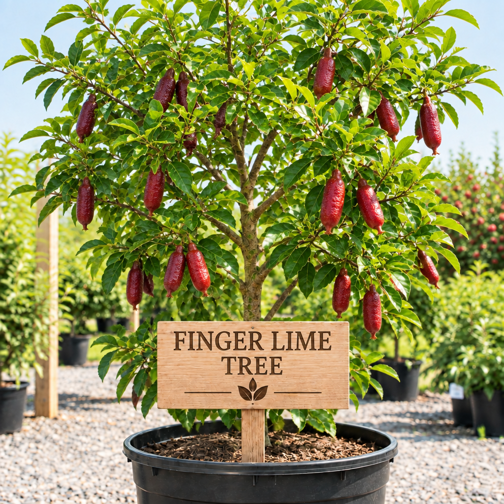 Finger Lime Tree in a nursery pot with a wooden Finger Lime Tree sign