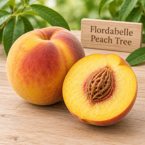 Illustration of whole and cut Flordabelle peach showing juicy golden-yellow flesh