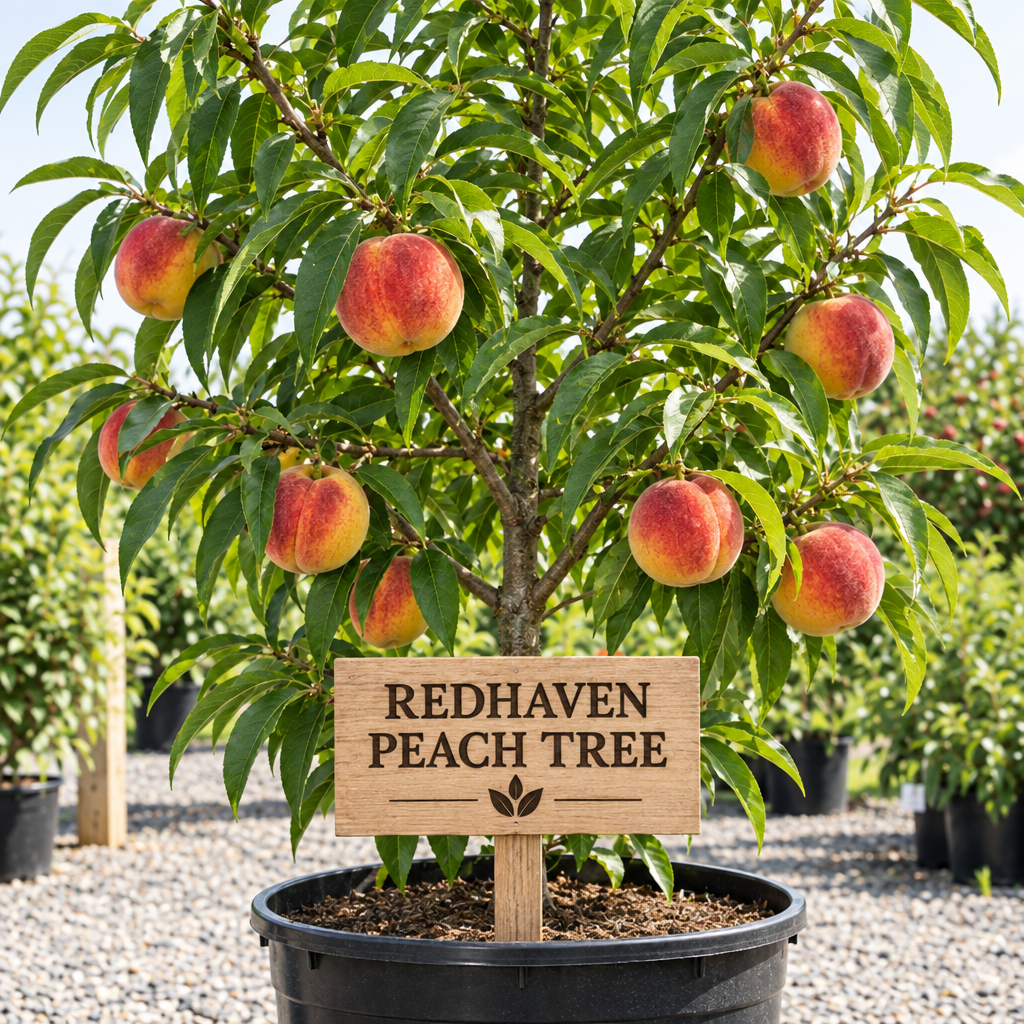 Illustration of a Redhaven peach tree with ripe red-blushed peaches in a nursery pot and wooden variety sign