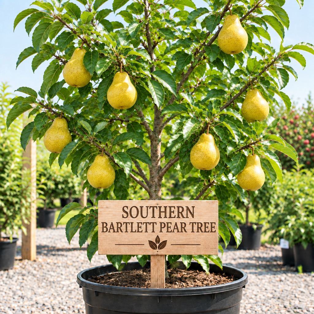Southern Bartlett Pear Tree in a nursery pot with a wooden Southern Bartlett Pear Tree sign