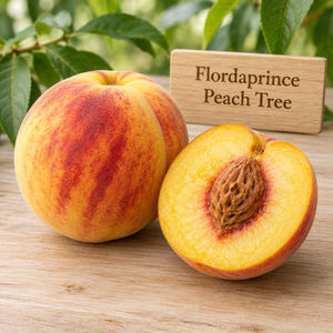 Illustration of whole and cut Flordaprince peach showing yellow flesh and red-blushed skin