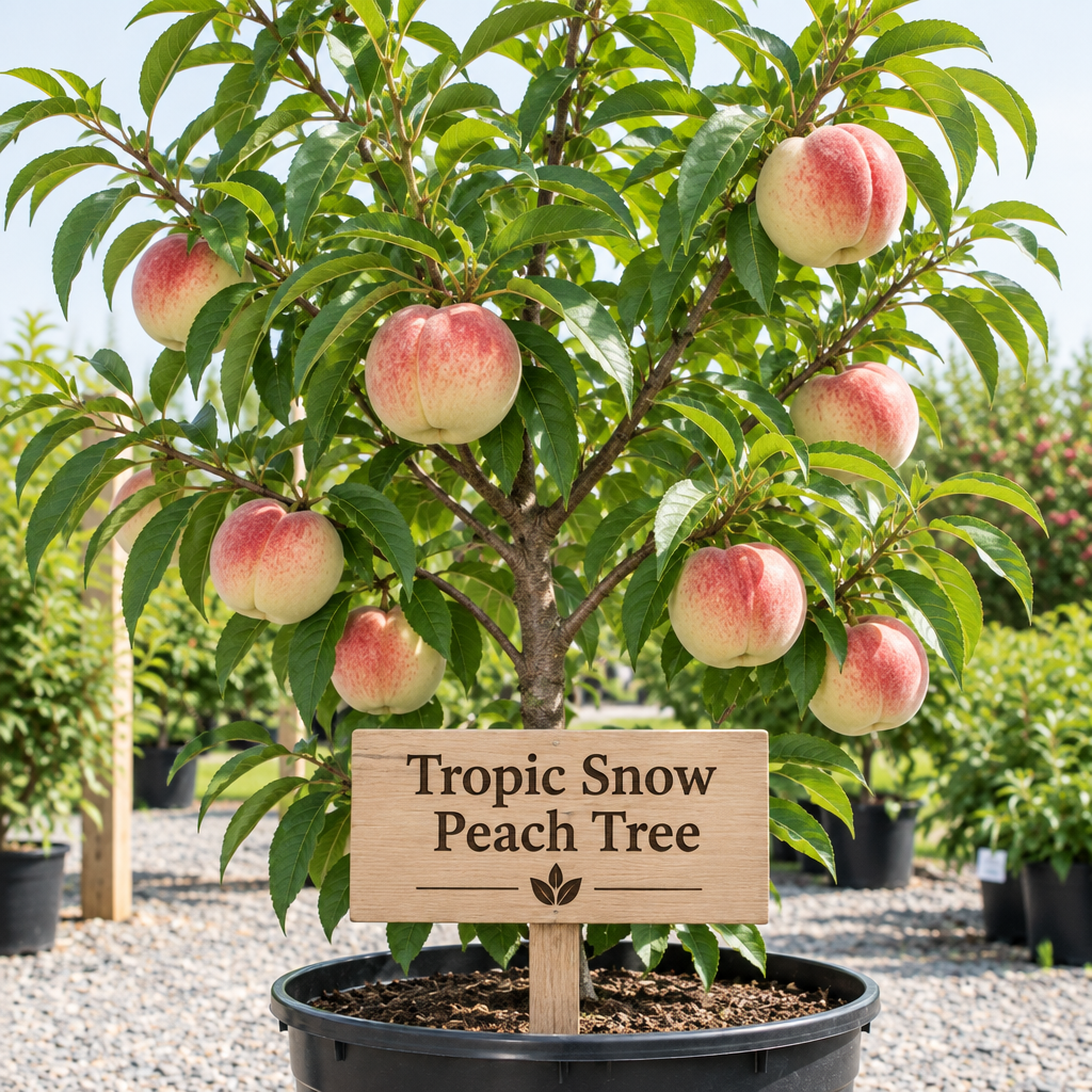 Illustration of Tropic Snow peach tree with pale red-blushed peaches, nursery pot and wooden variety sign
