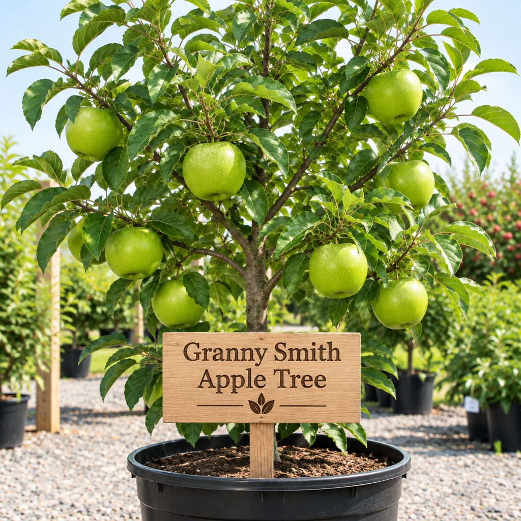 Illustration of green Granny Smith apples on a potted tree with a wooden Granny Smith Apple Tree sign