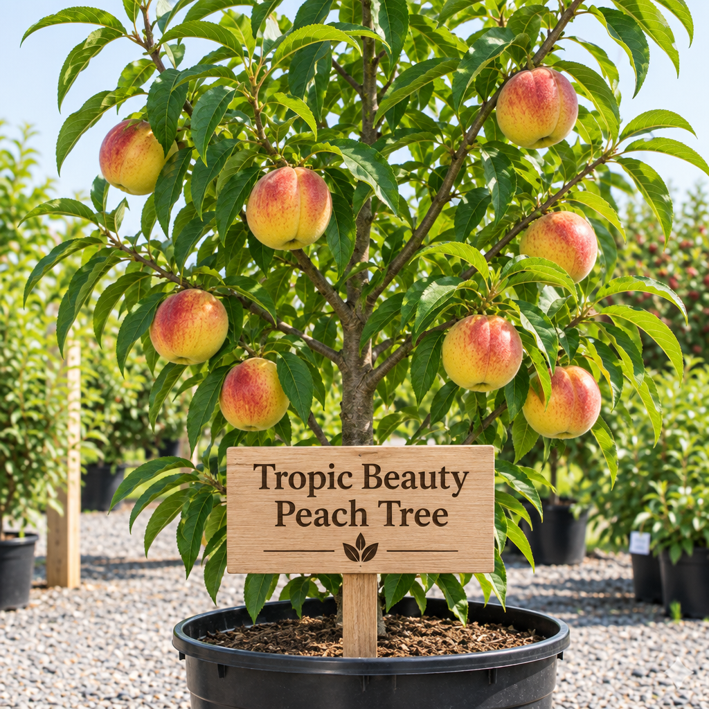 Illustration of Tropic Beauty peach tree with red-blushed peaches, nursery pot and wooden variety sign