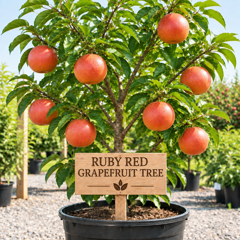 Ruby Red Grapefruit Tree in a nursery pot with a wooden Ruby Red Grapefruit Tree sign