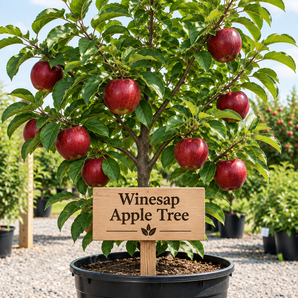 Illustration of deep cherry-red Winesap apples on a potted tree with a wooden Winesap Apple Tree sign