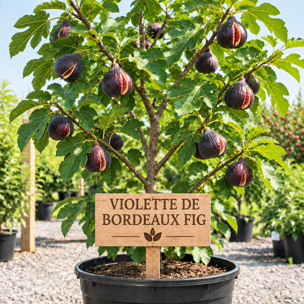 Violette de Bordeaux Fig in a nursery pot with a wooden Violette de Bordeaux Fig sign