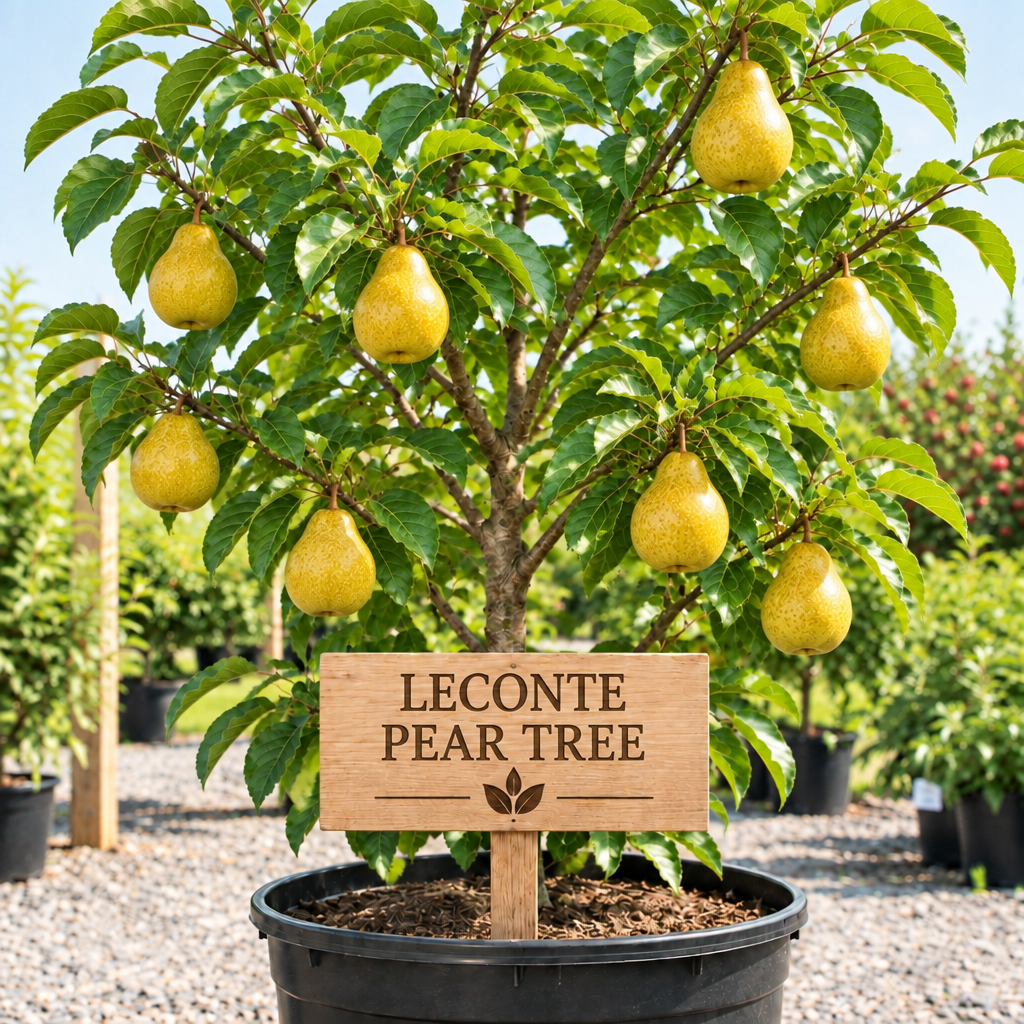 LeConte Pear Tree in a nursery pot with a wooden LeConte Pear Tree sign