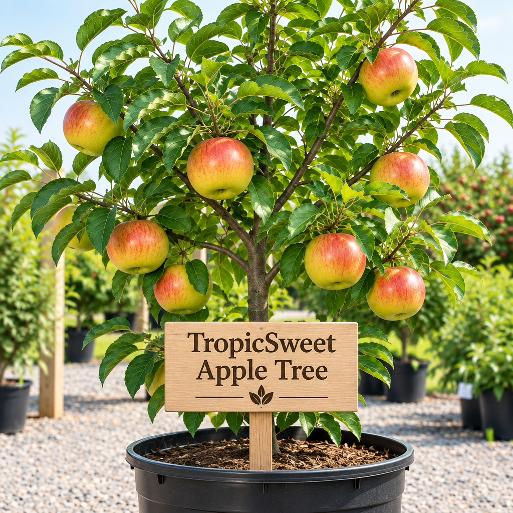 Illustration of yellow apples with red blush on a potted TropicSweet tree with a wooden TropicSweet Apple Tree sign