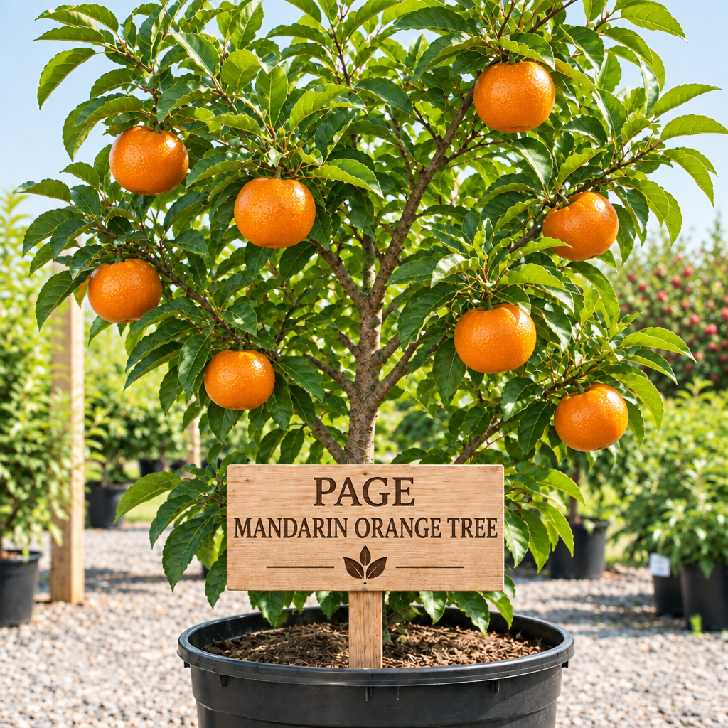 Page Mandarin Orange Tree in a nursery pot with a wooden Page Mandarin Orange Tree sign