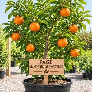 Page Mandarin Orange Tree in a nursery pot with a wooden Page Mandarin Orange Tree sign