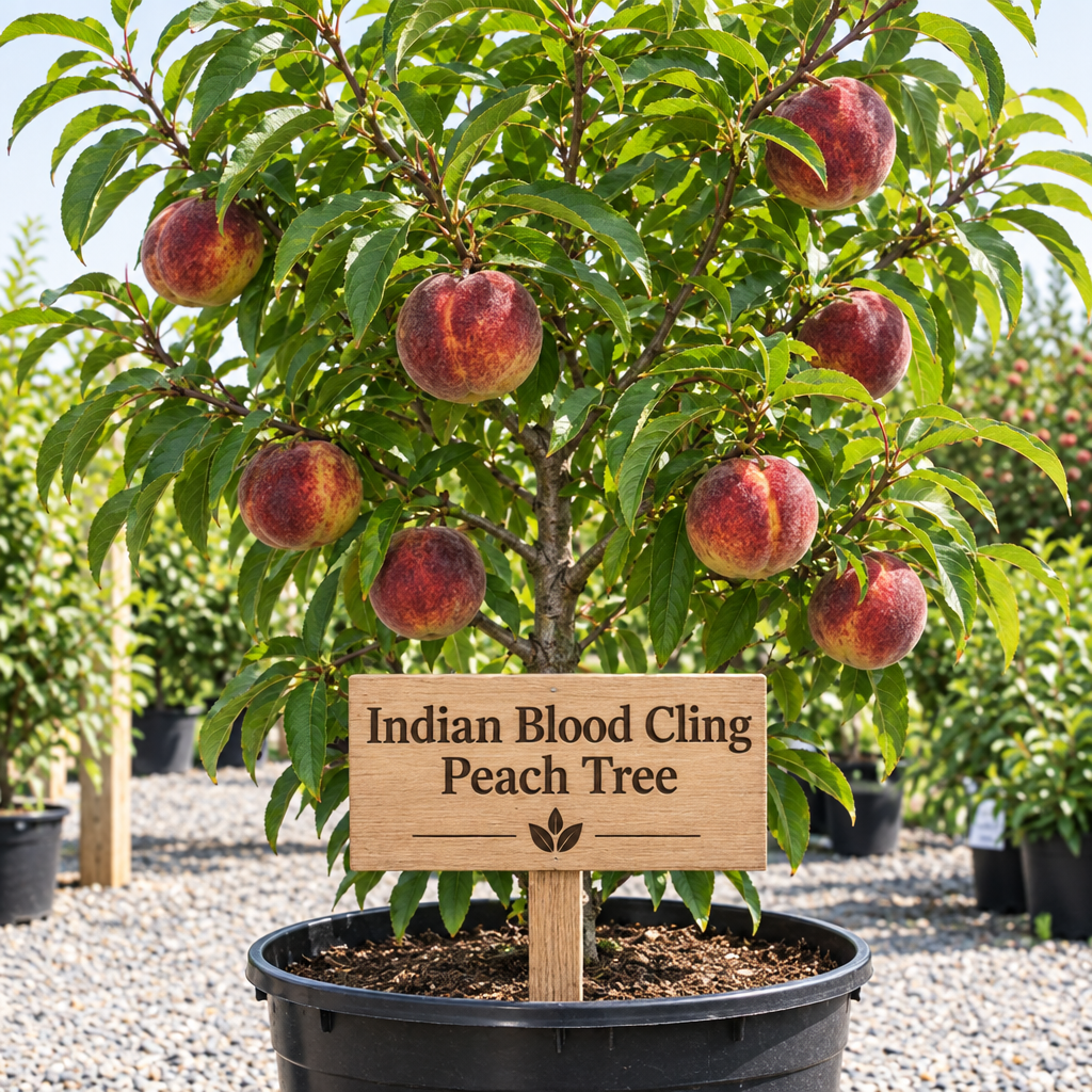 Illustration of Indian Blood Cling peach tree with dark red mottled peaches, nursery pot and wooden variety sign