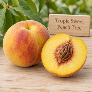 Illustration of a whole and cut Tropic Sweet peach showing juicy yellow flesh