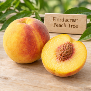 Illustration of whole and cut Flordacrest peach showing yellow flesh and red-blushed skin