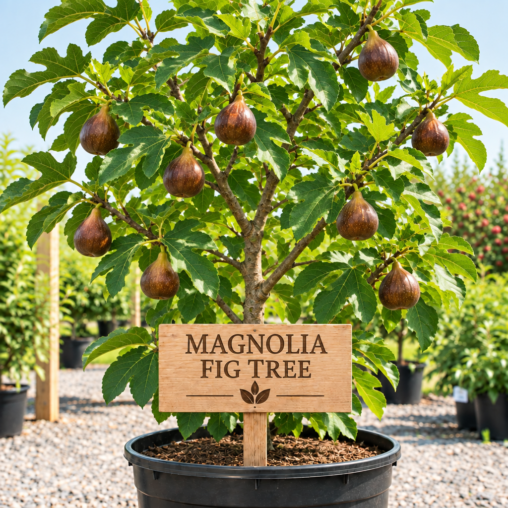 Magnolia Fig Tree in a nursery pot with a wooden Magnolia Fig Tree sign
