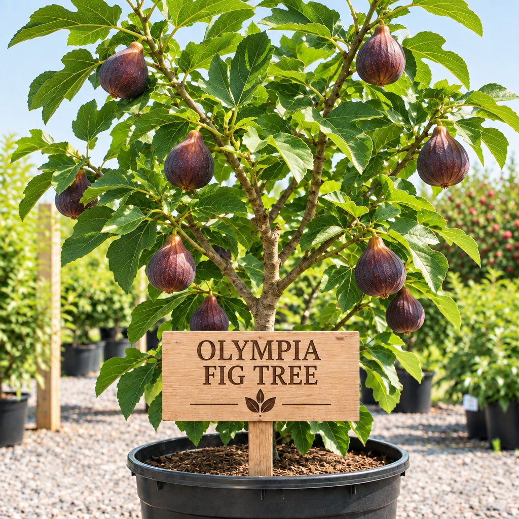 Olympia Fig Tree in a nursery pot with a wooden Olympia Fig Tree sign