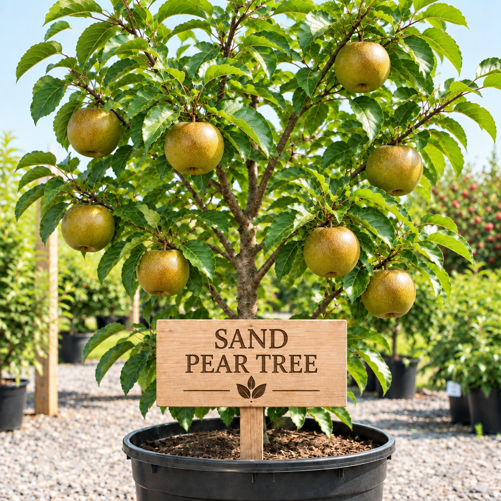 Sand Pear Tree in a nursery pot with round greenish-bronze pears and a wooden Sand Pear Tree sign