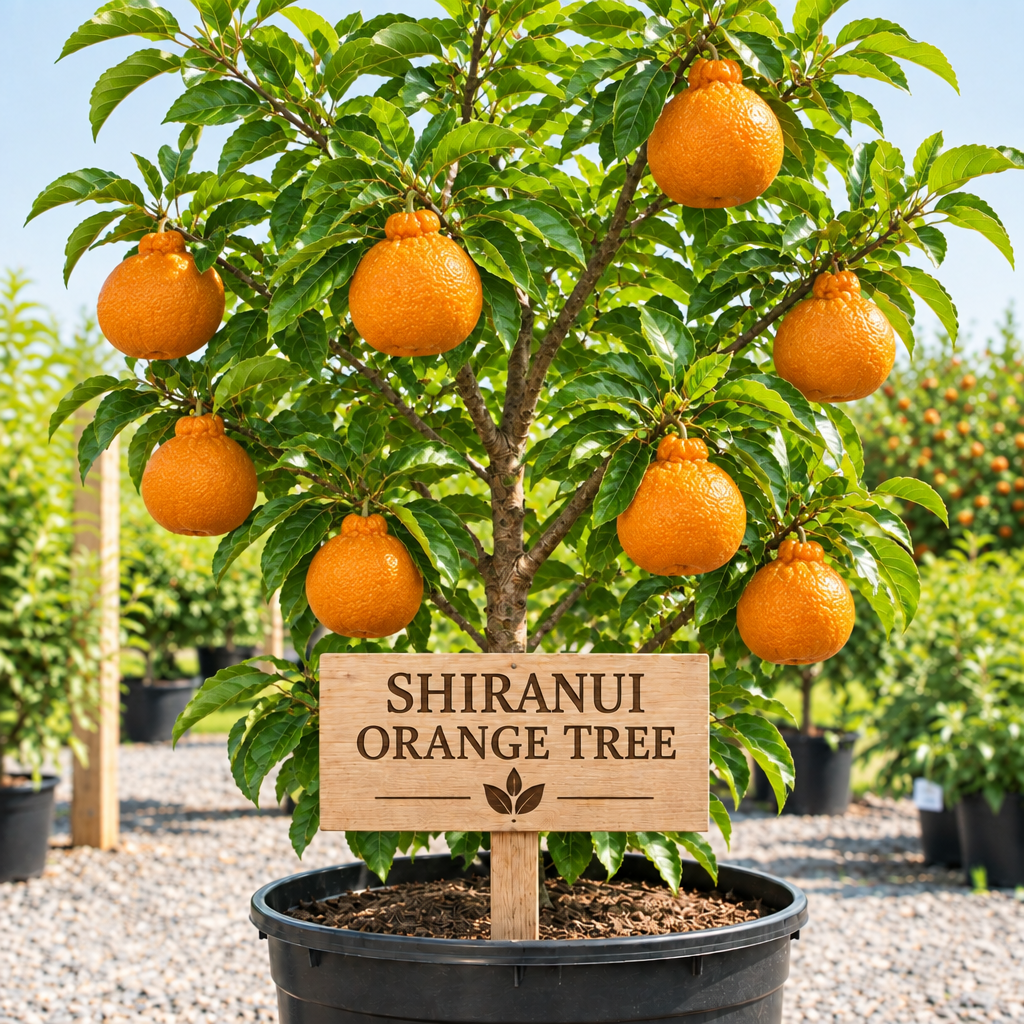 Shiranui Orange Tree in a nursery pot with a wooden Shiranui Orange Tree sign
