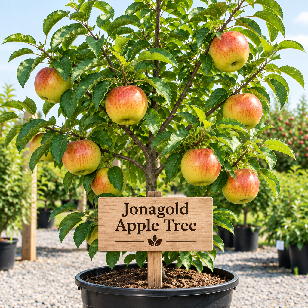 Illustration of golden Jonagold apples with red-orange blush on a potted tree with a wooden Jonagold Apple Tree sign
