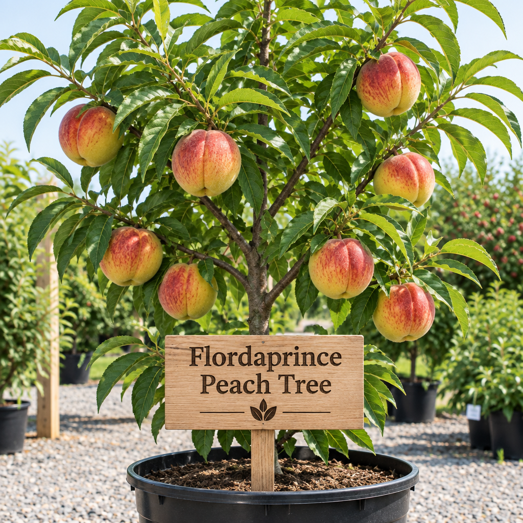 Illustration of Flordaprince peach tree with yellow peaches and red striped blush, nursery pot and wooden variety sign