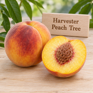 Illustration of whole and cut Harvester peach showing juicy yellow flesh and red-blushed skin
