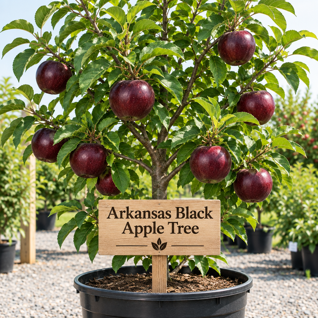 Illustration of very dark red Arkansas Black apples on a potted tree with a wooden Arkansas Black Apple Tree sign