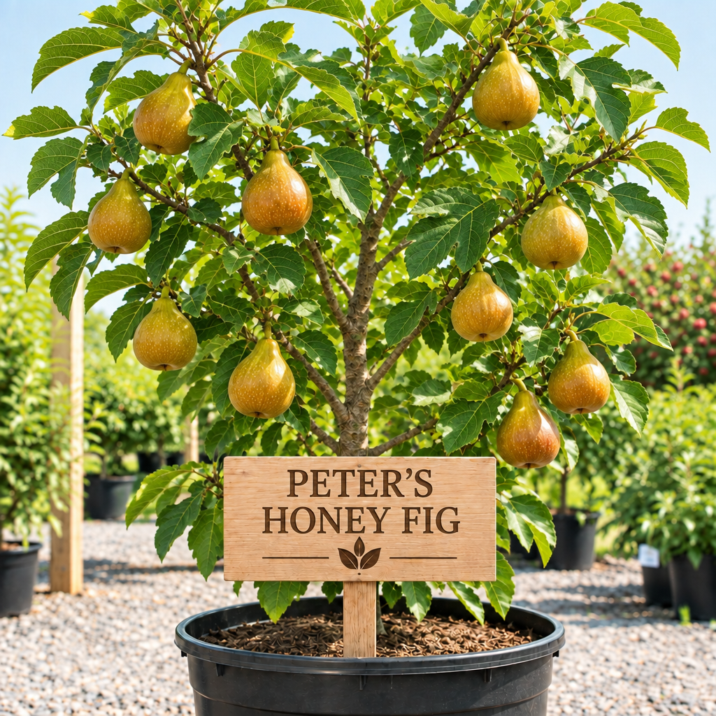 Peter's Honey Fig in a nursery pot with a wooden Peter's Honey Fig sign