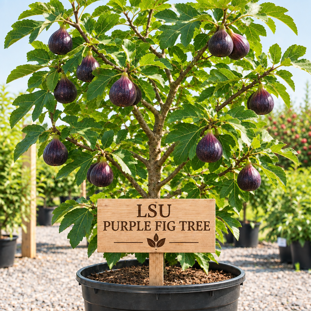 LSU Purple Fig Tree in a nursery pot with a wooden LSU Purple Fig Tree sign