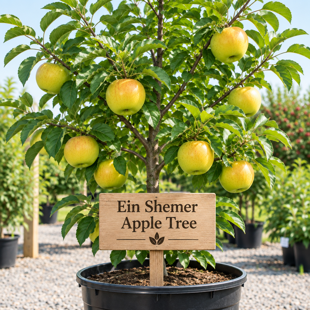 Illustration of yellow Ein Shemer apples on a potted tree with a wooden Ein Shemer Apple Tree sign