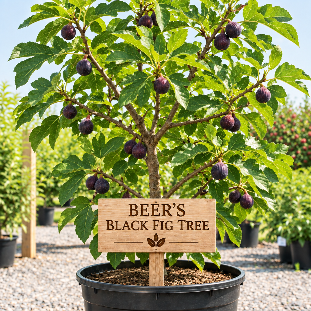 Beer's Black Fig Tree in a nursery pot with a wooden Beer's Black Fig Tree sign