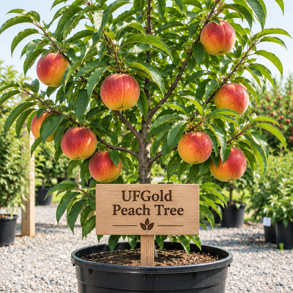Illustration of UFGold peach tree with deep red-blushed orange-yellow peaches, nursery pot and wooden variety sign