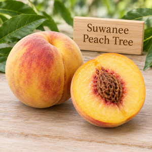 Illustration of whole and cut Suwanee peach showing yellow-gold flesh with red near the pit