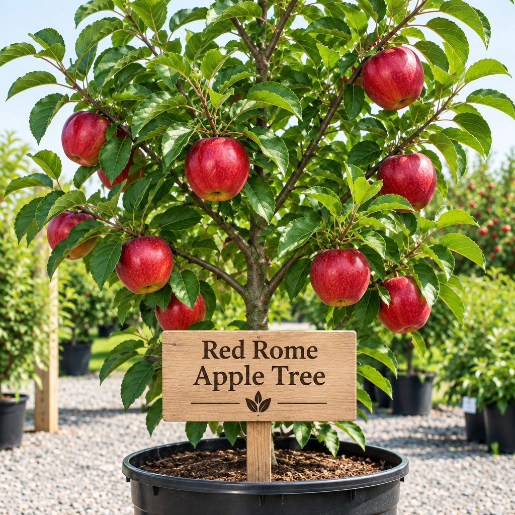 Illustration of red apples on a potted Red Rome tree with a wooden Red Rome Apple Tree sign